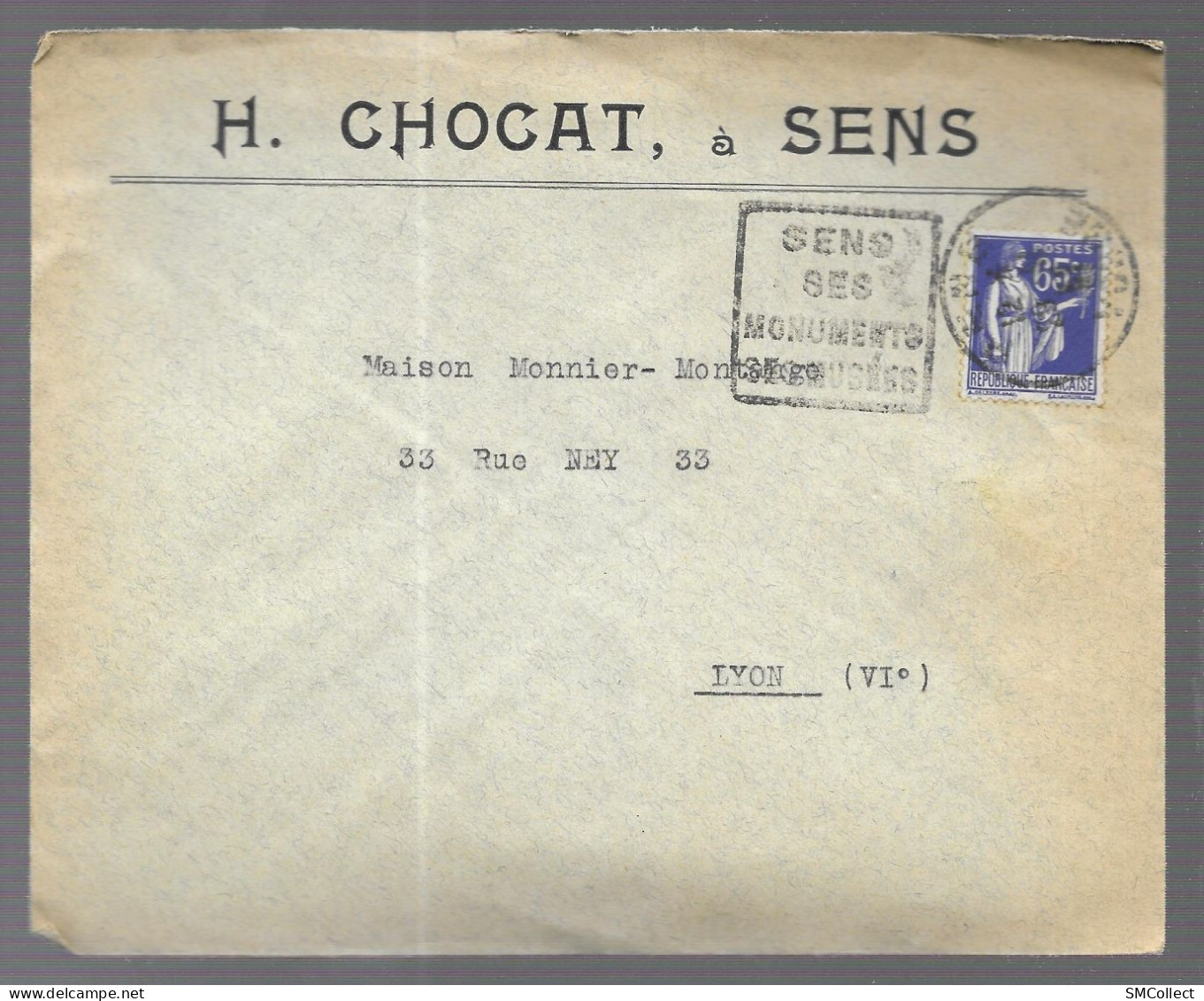 Sens 1937 (Daguin). Enveloppe à En-tête H. Chocat, Voyagée Vers Lyon - 1921-1960: Modern Period