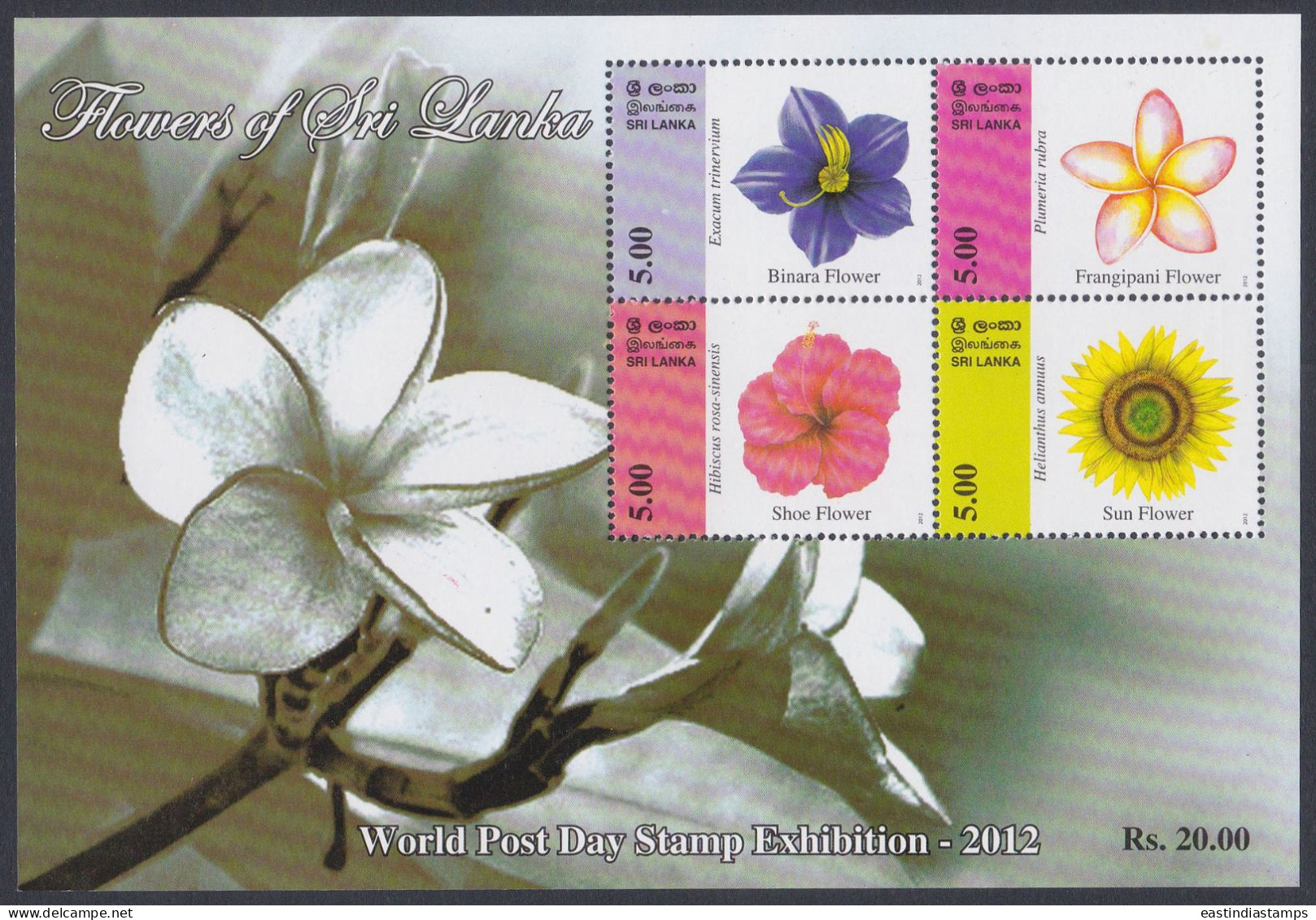 Sri Lanka 2012 MNH MS Post Day Stamp Exhibition, Flower, Flowers, Sunflower, Shoe, Binara, Frangipani, Miniature Sheet - Sri Lanka (Ceylon) (1948-...)