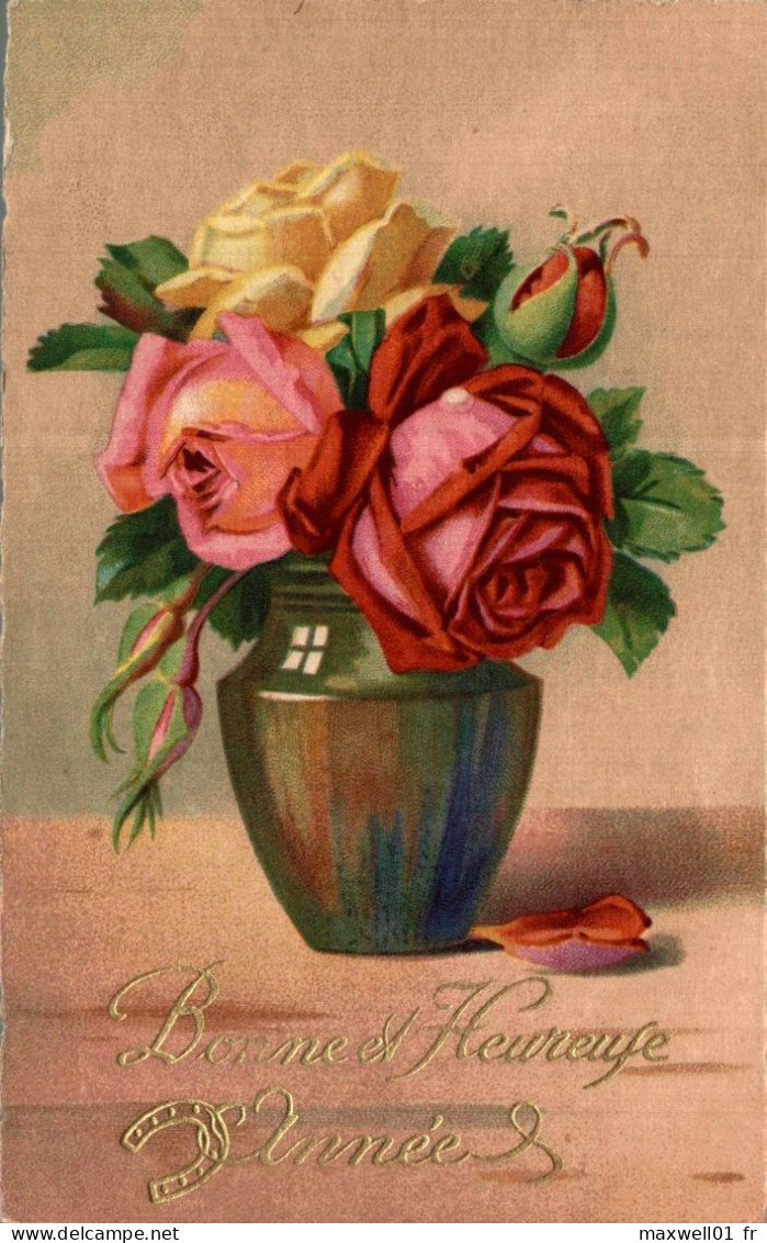 O5 - Carte Postale Fantaisie - Fleurs - Roses - Bonne Et Heureuse Année - New Year