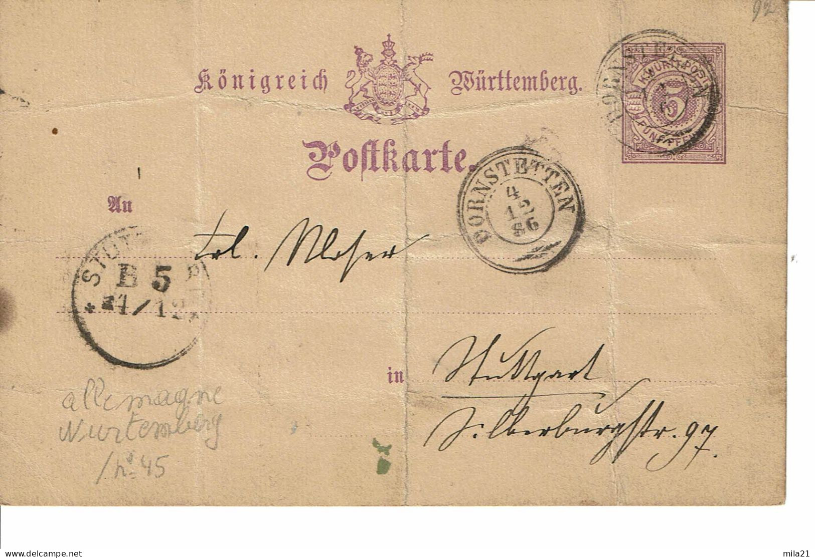 WURTENBERG  ENTIER POSTAL 5  PFENNIC TYPE N° 45 - Postcards
