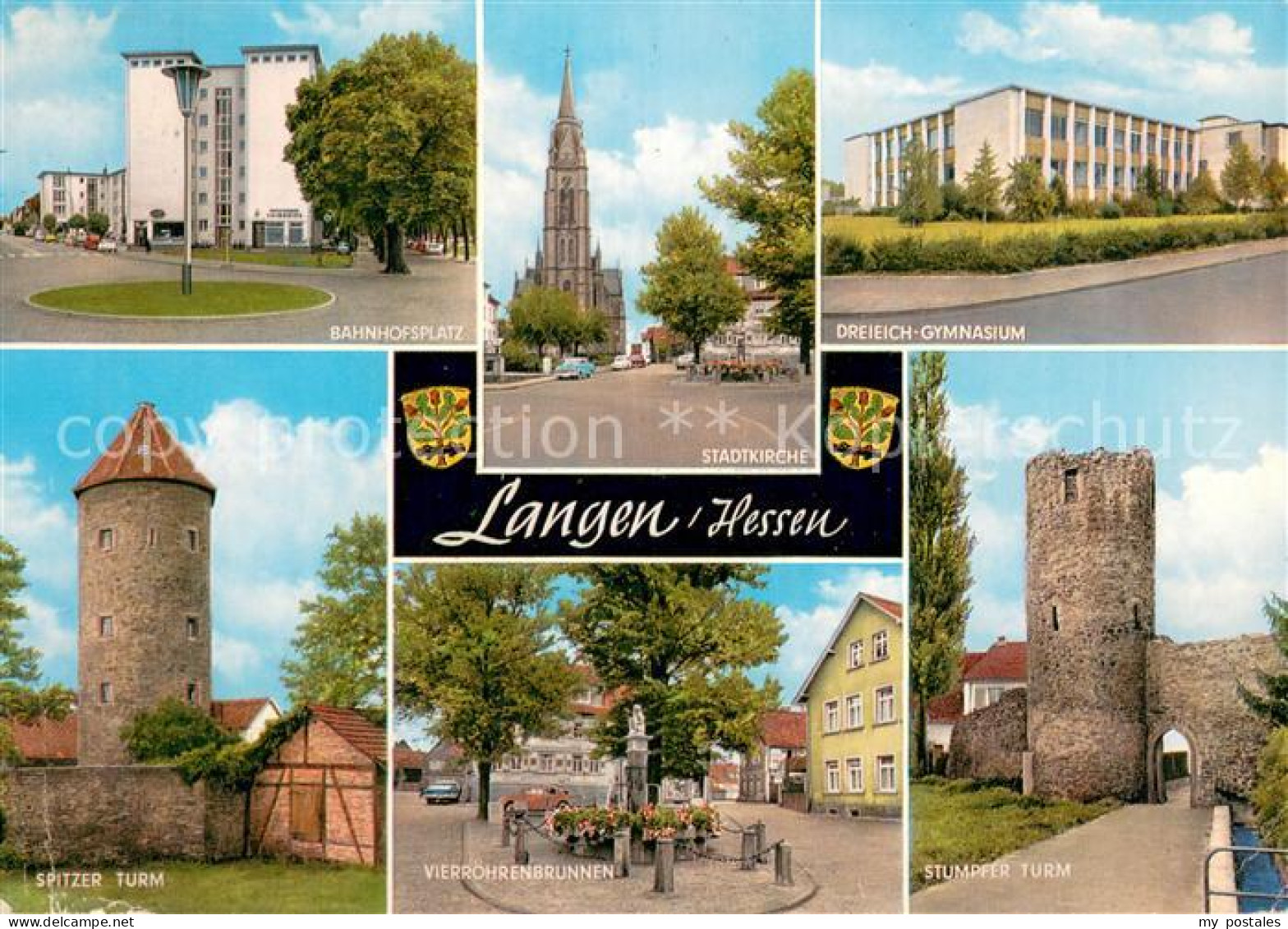 73673460 Langen Hessen Bahnhofsplatz Stadtkirche Gymnasium Spitzer Turm Brunnen  - Langen