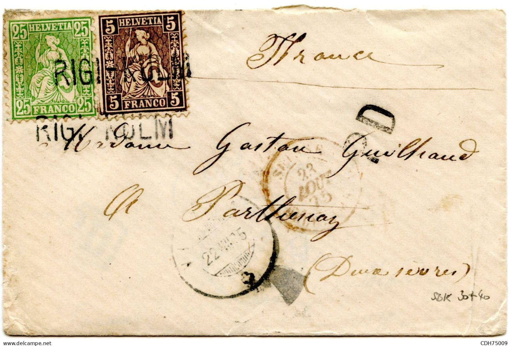 SUISSE - SBK 30+40 OBLITERES GRIFFE RIGI KULM SUR LETTRE POUR LA FRANCE, 1875 - Covers & Documents