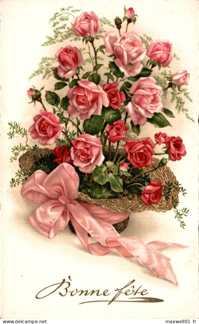 O5 - Carte Postale Fantaisie - Fleurs - Roses Dans Un Chapeau - Bonne Fête - Bloemen