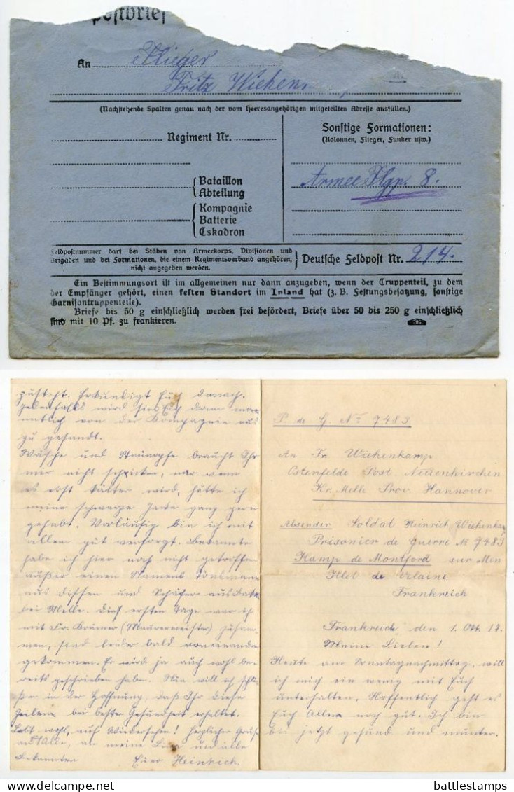 Germany 1917 WWI Feldpost Cover & 2 Letters; Ostenfelde To Armee Flugpark 8, Feldpost 214, Flieger Wiehenkamp (Aviator) - Feldpost (franqueo Gratis)