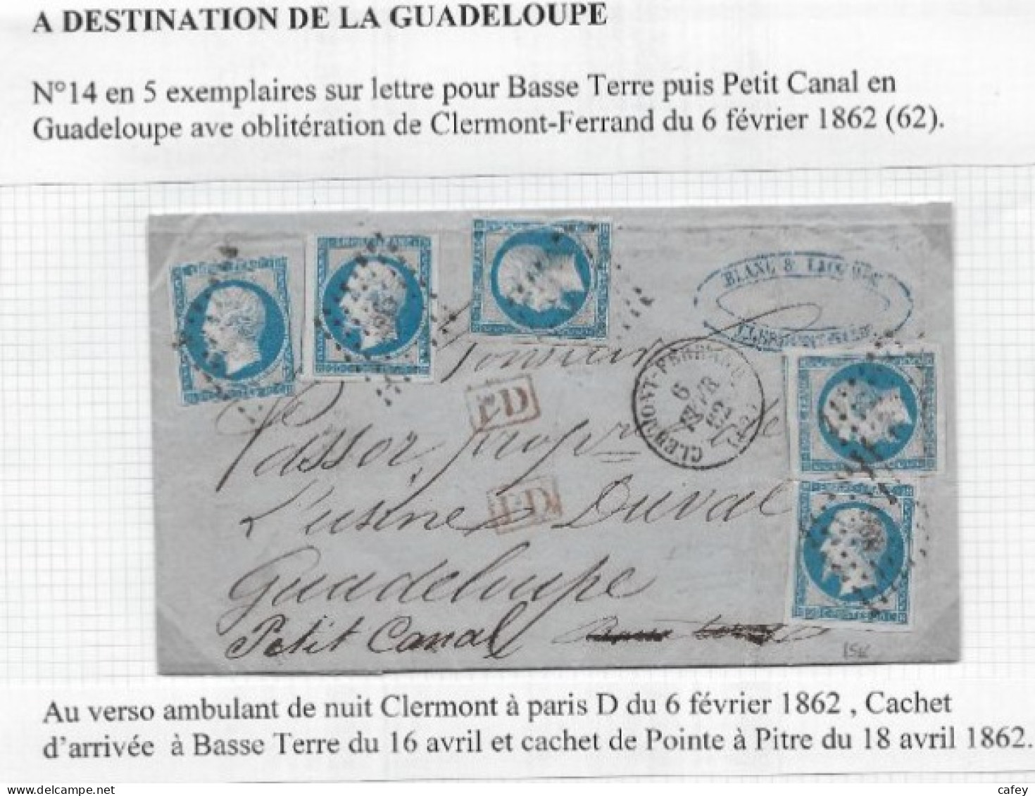 Destination GUADELOUPE Lettre De CLERMONT FERRAND 1862 Timbre Empire N° 14x5  P / PETIT CANAL Double Port - 1853-1860 Napoléon III.