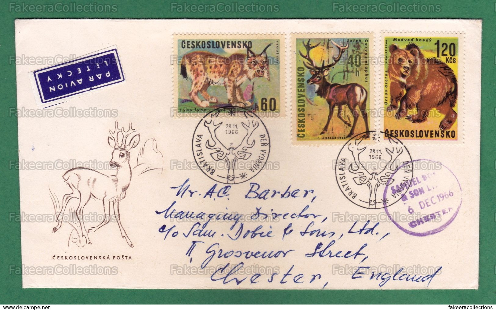 CZECHOSLOVAKIA 1966 CZECH - ANIMALS 3v FDC Postal Used - LYNX, RED DEER ( Cervus Elaphus ), BROWN BEAR ( Ursus Arctos ) - Felinos