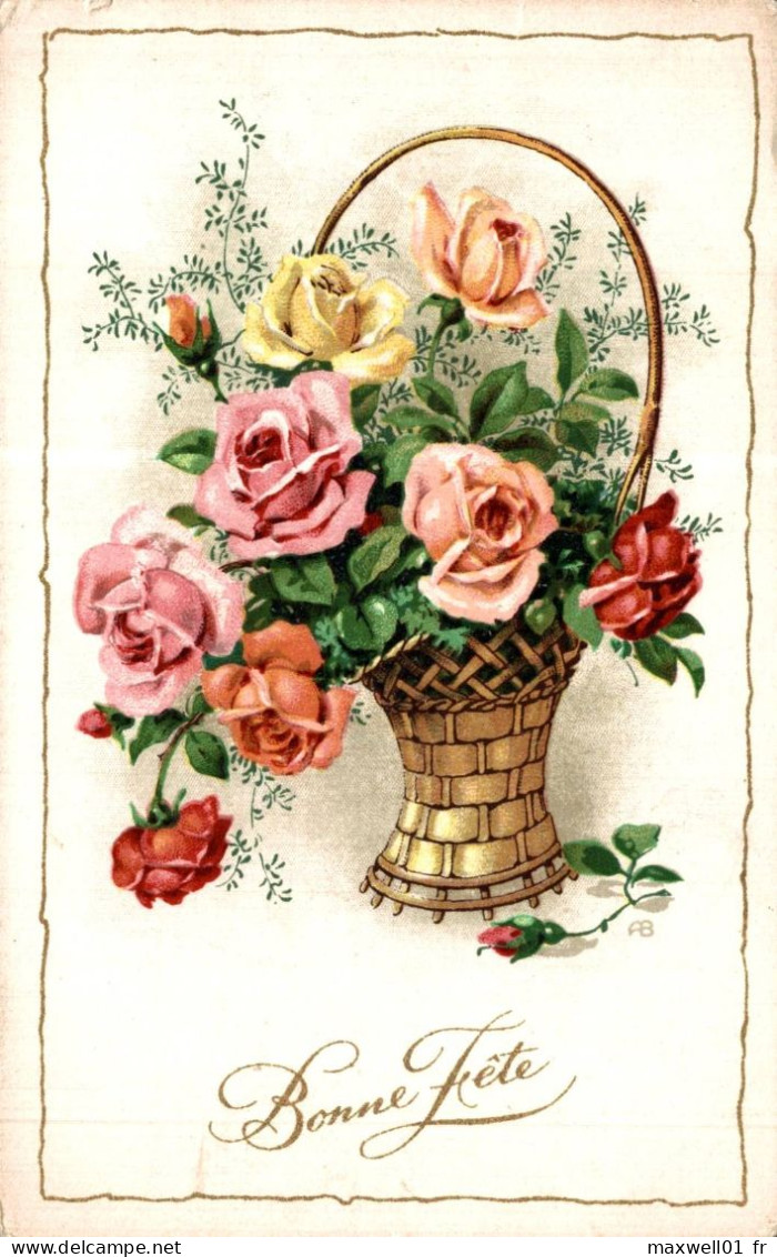 O5 - Carte Postale Fantaisie - Fleurs - Roses Dans Un Panier - Bonne Fête - Fleurs