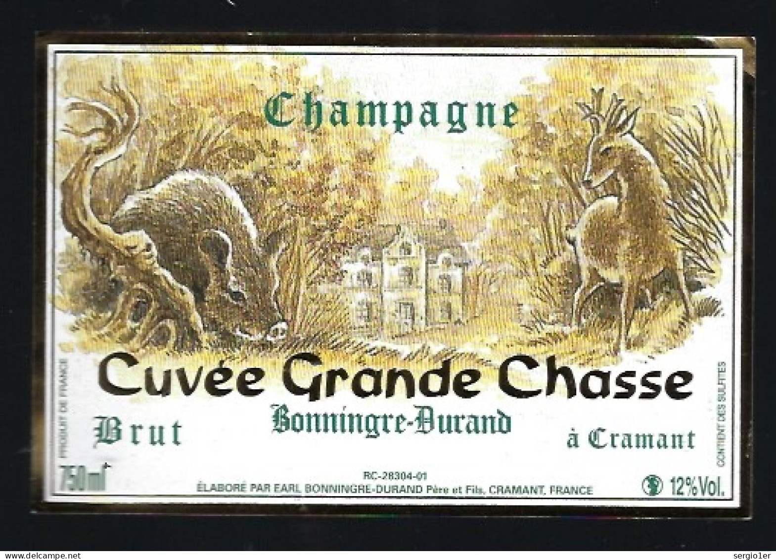 Etiquette Champagne Brut  Cuvée Grande Chasse  Bonningre Dyrand à Cramant Marne 51 Avec Sa Collerette " Chien, Sanglier, - Champan