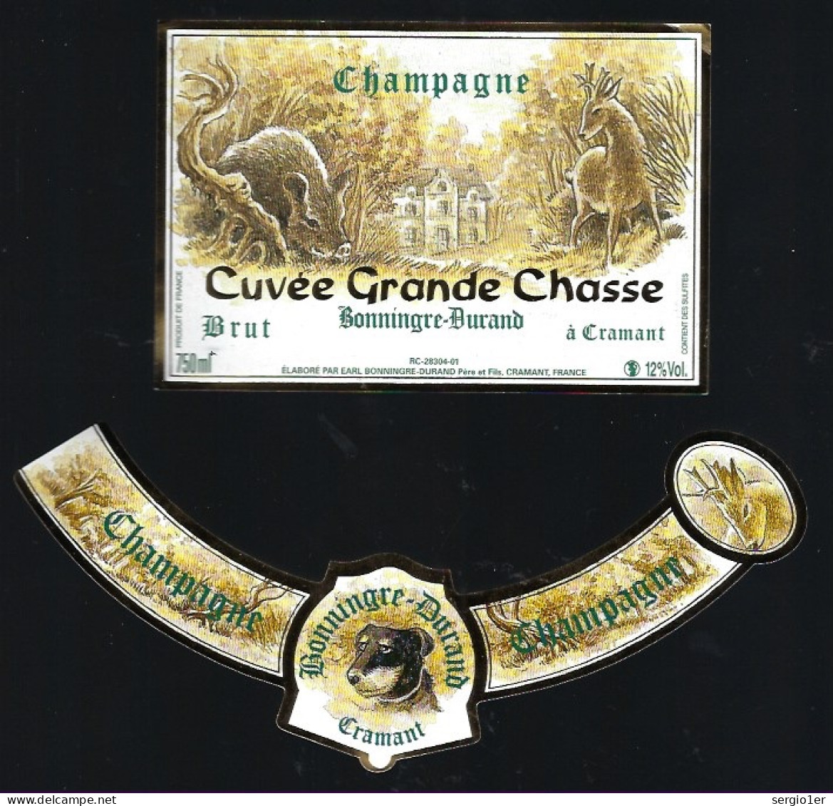 Etiquette Champagne Brut  Cuvée Grande Chasse  Bonningre Dyrand à Cramant Marne 51 Avec Sa Collerette " Chien, Sanglier, - Champan