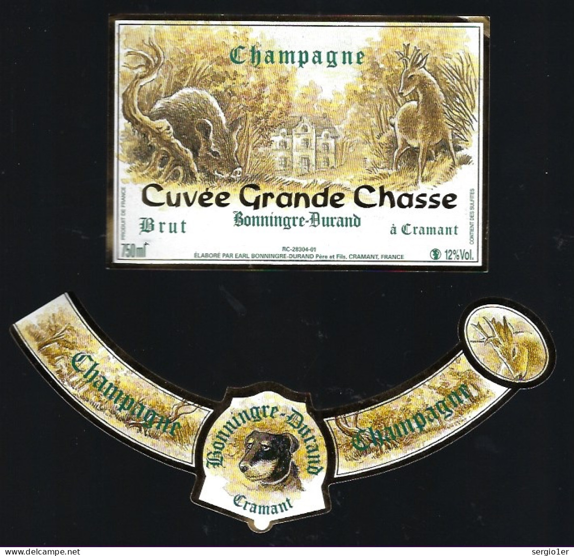 Etiquette Champagne Brut  Cuvée Grande Chasse  Bonningre Dyrand à Cramant Marne 51 Avec Sa Collerette " Chien, Sanglier, - Champagner