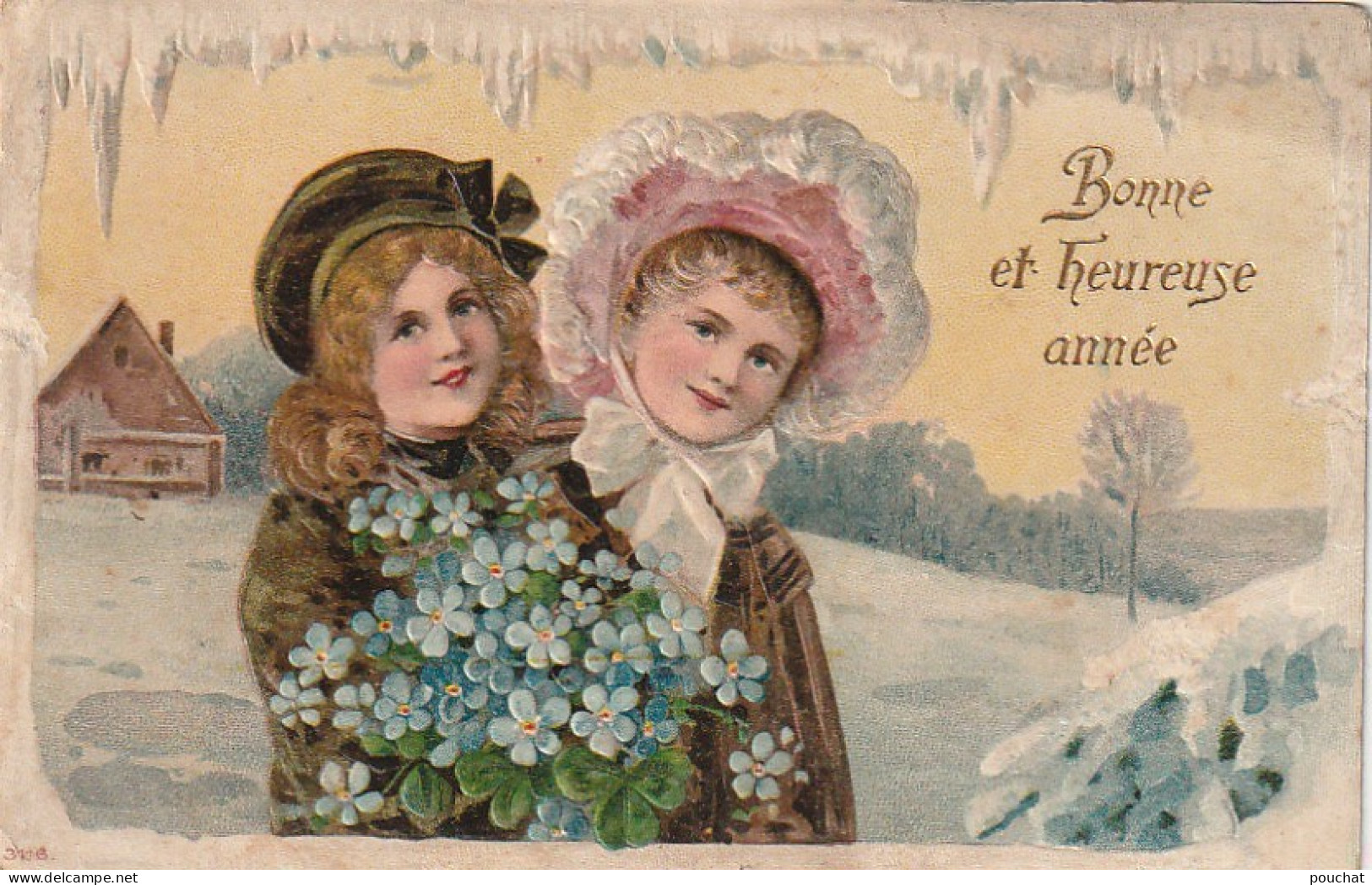 WA 2- " BONNE  ET HEUREUSE ANNEE " - CARTE GAUFREE - COUPLE DE FILLETTES AVEC MYOSOTIS - DECOR ENNEIGE - New Year