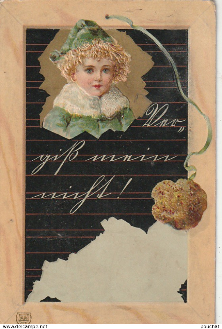 WA 3- CARTE GAUFREE FANTAISIE - TABLEAU NOIR AVEC  PORTRAIT D' ENFANT - EPONGE - DORURE - 2 SCANS - Autres & Non Classés