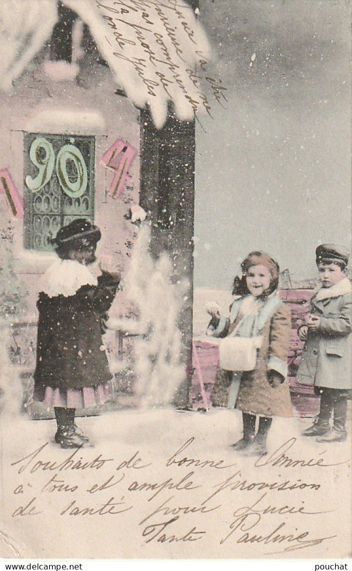 WA 3- " 1904 " - BATAILLE DE BOULES DE NEIGE - ENFANTS FETANT LA NOUVELLE ANNEE  - CARTE COLORISEE - 2 SCANS - New Year