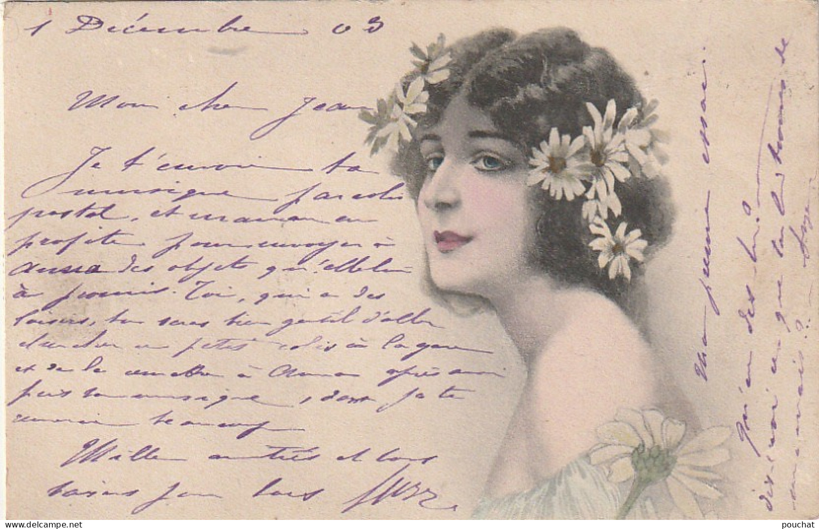 WA 4- " MON IDEAL " ( SERIE B ) - MEINE IDEALE - PORTRAIT DE FEMME AVEC MARGUERITES DANS CHEVEUX - A. S. W. - 1900-1949