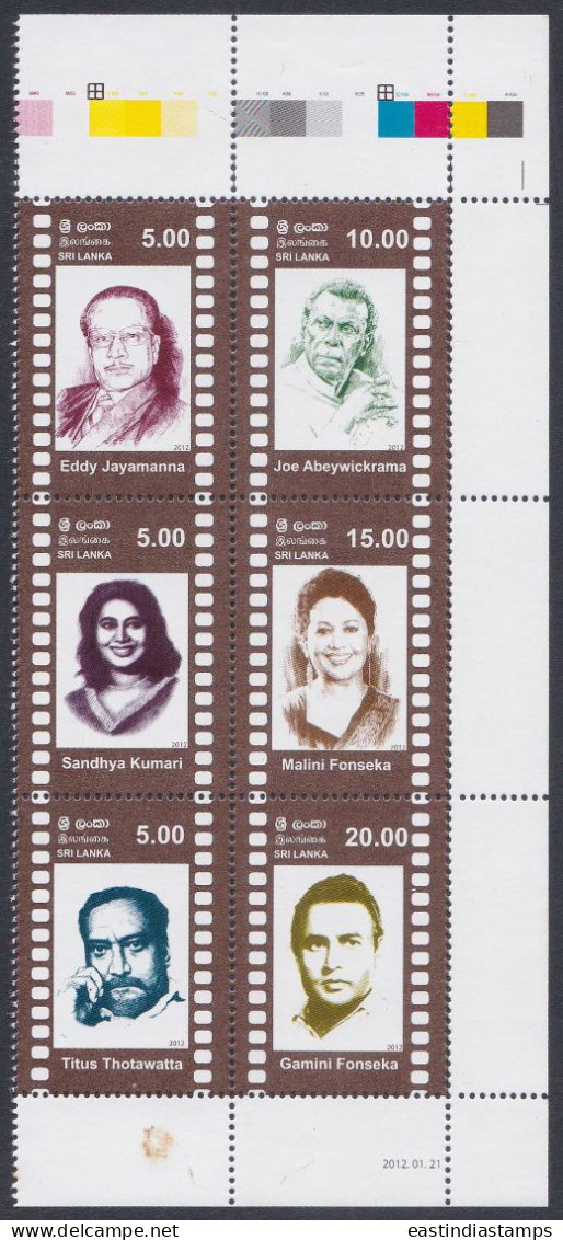 Sri Lanka 2012 MNH SInhala Cinema, Film, Films, Actor, Director, Art, Arts, Movies, Se-tenant Block Of 6 - Sri Lanka (Ceylon) (1948-...)