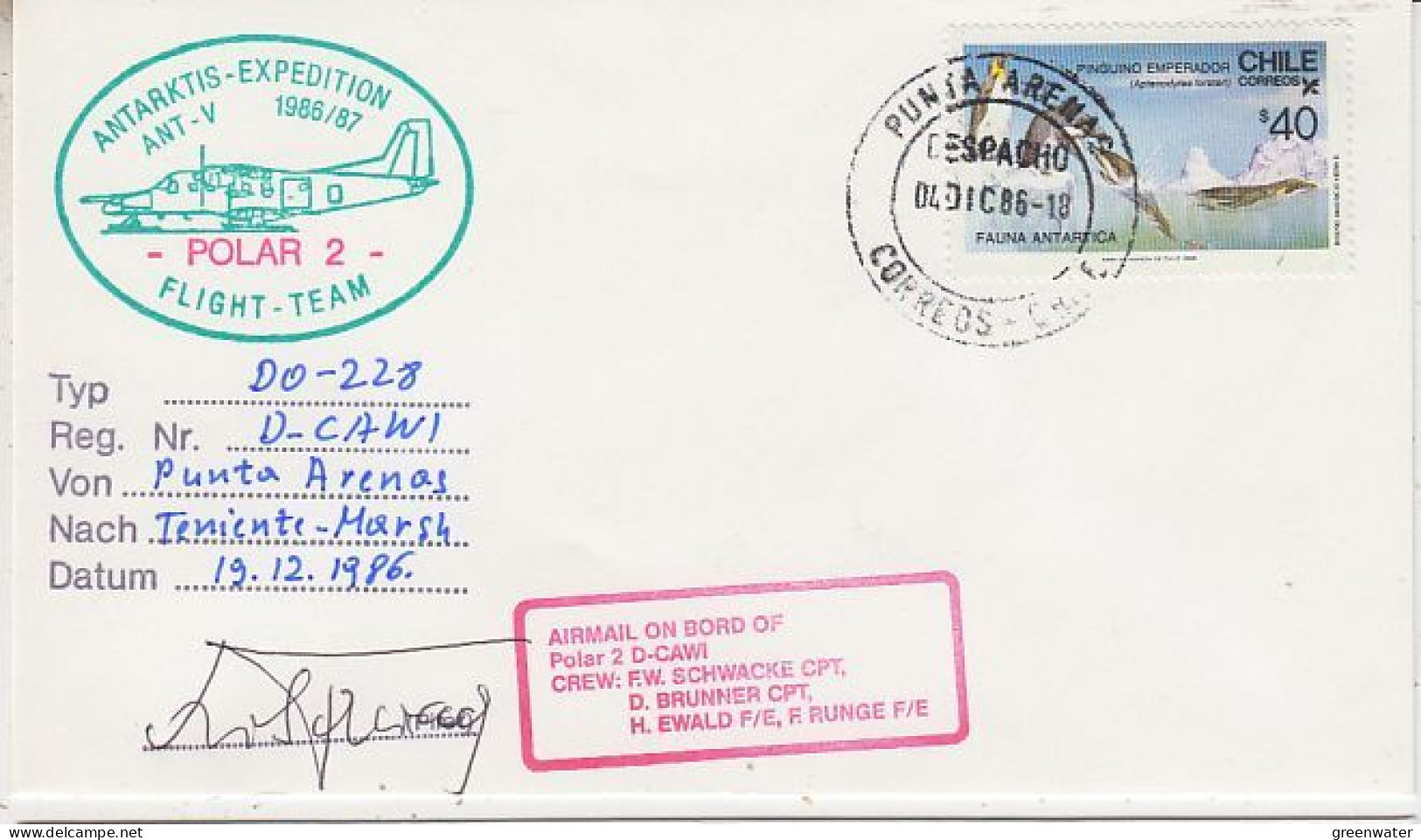 Chile Antarctic Flight Polar 2 From Punta Arenas To Teniente Marsh 19.12.1986(GS186) - Polar Flights