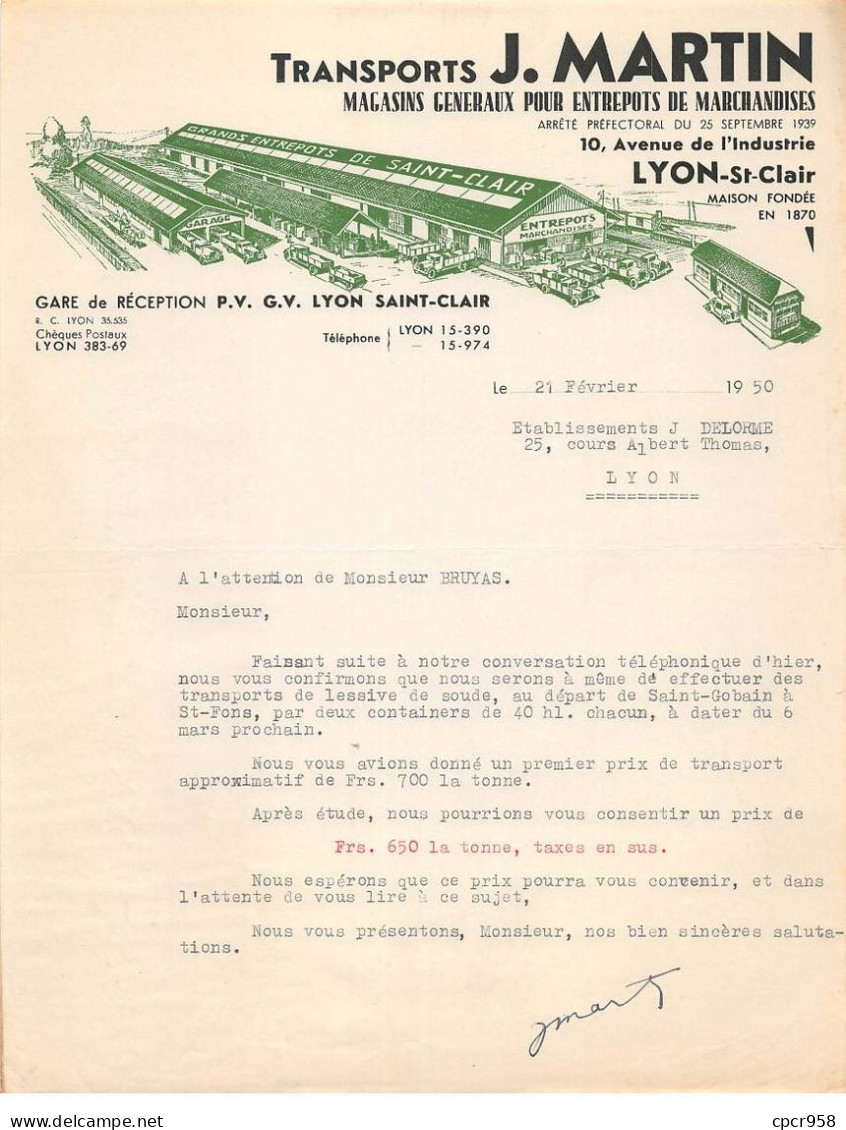 Facture.AM19736.Lyon.1950.J Martin.Transports.Magasins Généraux Pour Entrepôts De Marchandises.Saint Clair - 1950 - ...