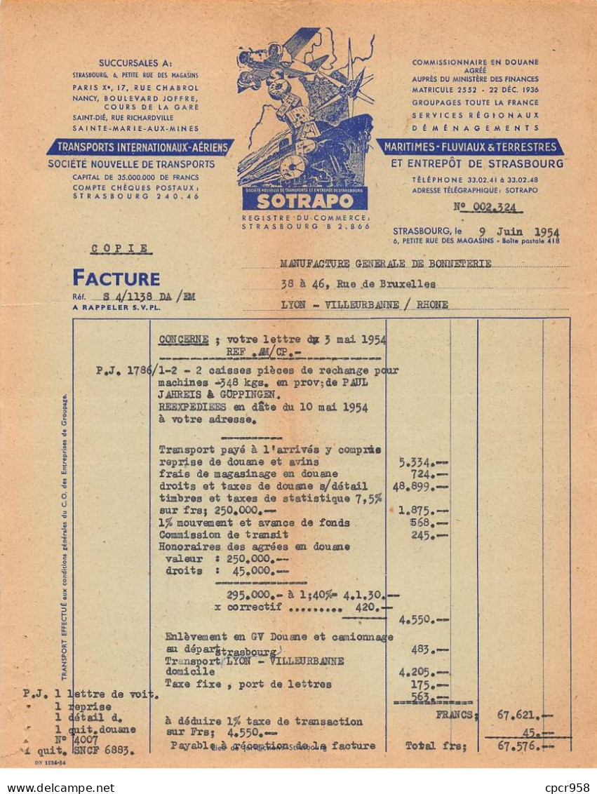 Facture.AM19574.Strasbourg.Pour Lyon.1954.Sotrapo.Transport.Internationaux.Aériens.Maritimes.Fluviaux.Terrestres.Illust - 1950 - ...