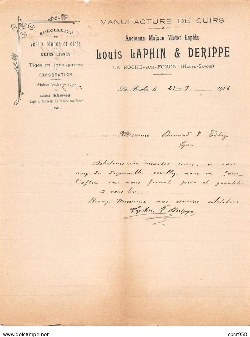 Facture.AM19570.La Roche Sur Foron.1916.Louis Laphin & Derippe.Cuirs Lissés.Tiges.Veaux Blancs Et Cirés - 1900 – 1949