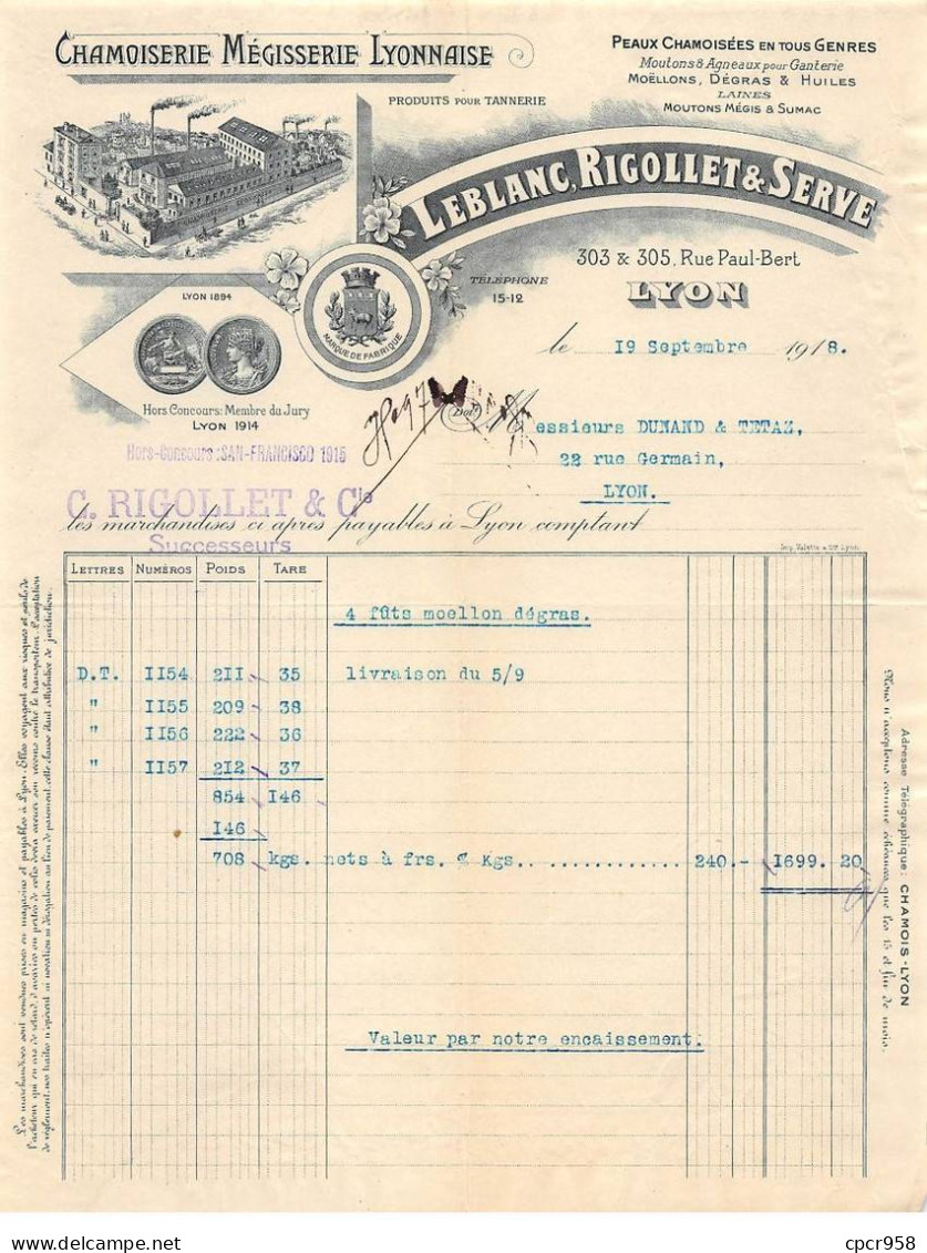 Facture.AM19567.Lyon.1918.Leblanc Rigollet & Serve.Chamoiserie Mégisserie Lyonnaise.Peaux Chamoisées.Illustré - 1900 – 1949