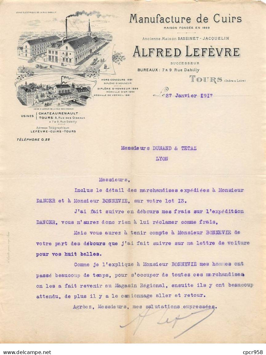 Facture.AM19566.Tours.1917.Alfred Lefèvre.Cuirs.Illustré - 1900 – 1949