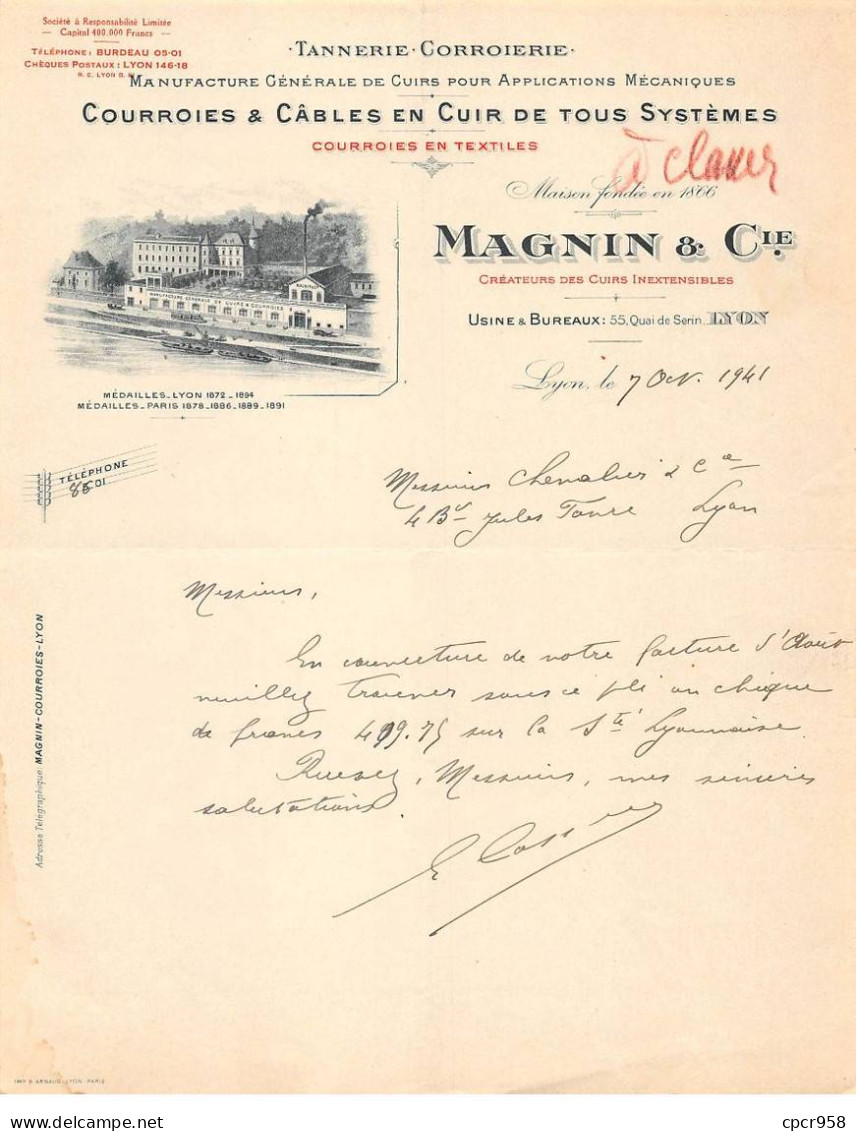 Facture.AM19557.Lyon.1941.Magnin & Cie.Cuirs.Tannerie.Corroierie.Câble.Courroies.Illustré - 1900 – 1949