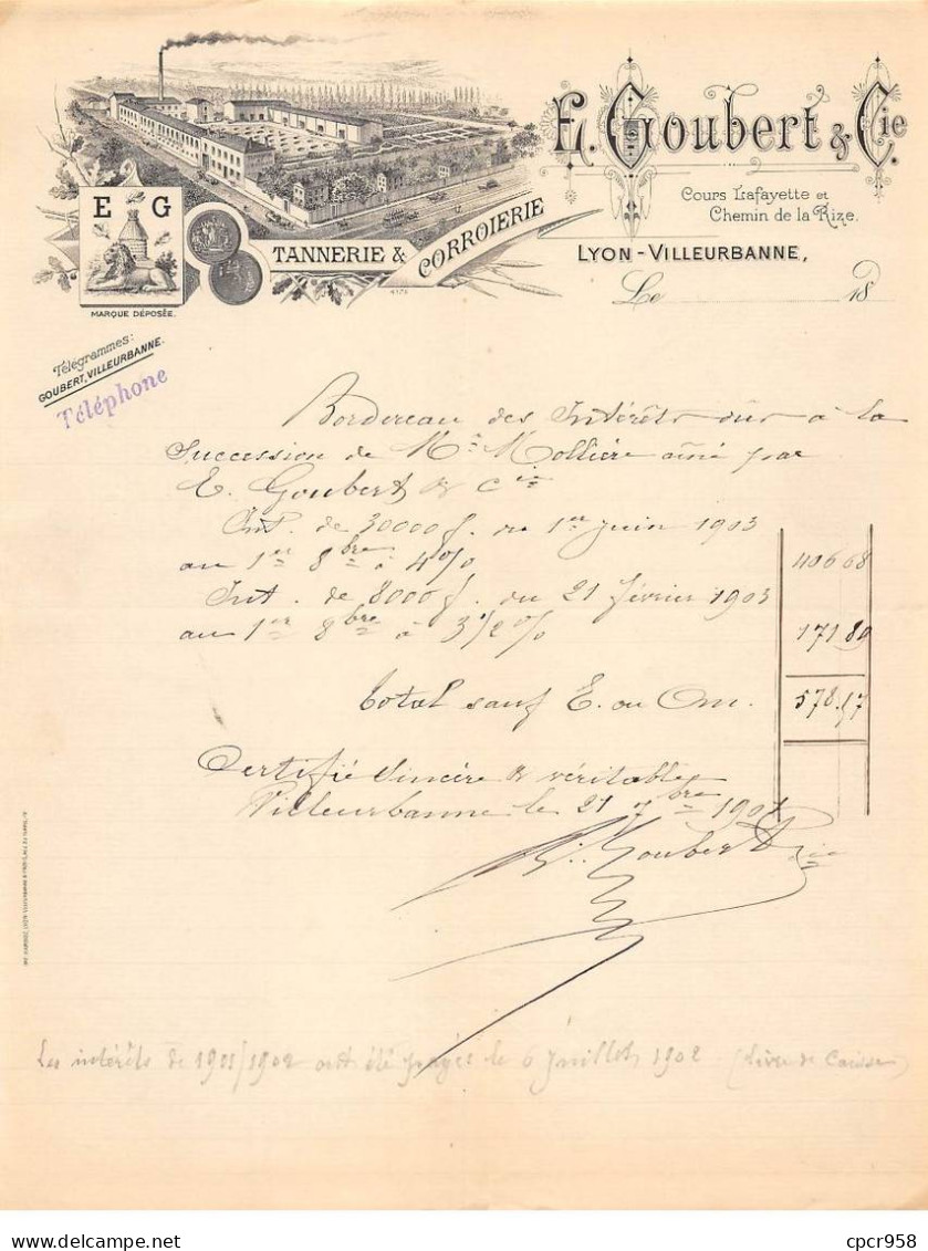 Facture.AM19546.Lyon Villeurbanne.1902.E Goubert & Cie.Tannerie.Corroierie.Illustré - 1900 – 1949