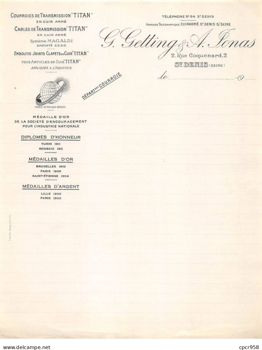 Facture.AM19547.Saint Denis.1900 Environ.Getting & Jonas.Courroies Et Cables Transmission TITAN En Cuir Armé.Magaldi - 1900 – 1949