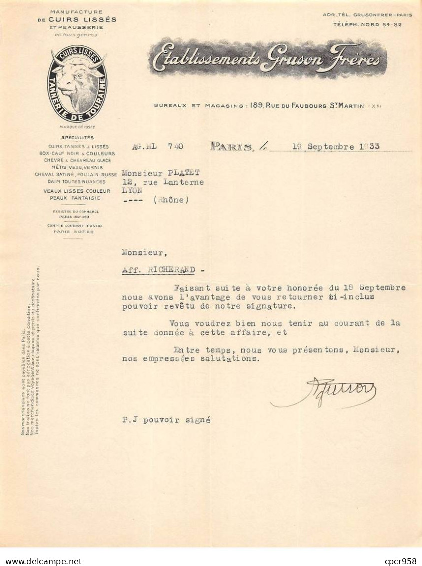 Facture.AM19544.Paris.1933.Gruson Frères.Tannerie De Touraine.Cuirs Lissés.peaux Fantaisie.Illustré - 1900 – 1949