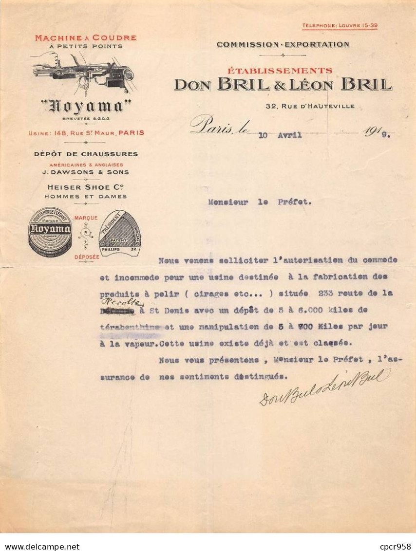 Facture.AM19550.Paris.1919.Don & Léon Bril.Machine à Coudre.Foyama.dépôt De Chaussures.Dawsons & Sons.Heiser Shoe - 1900 – 1949
