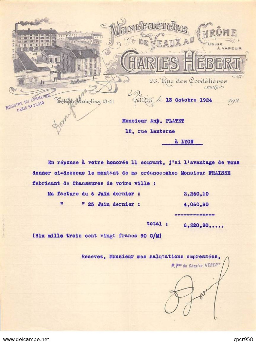 Facture.AM19542.Paris.1924.Charles Hébert.Manufacture De Veaux Au Chrôme.Usine à Vapeur.Illustré - 1900 – 1949