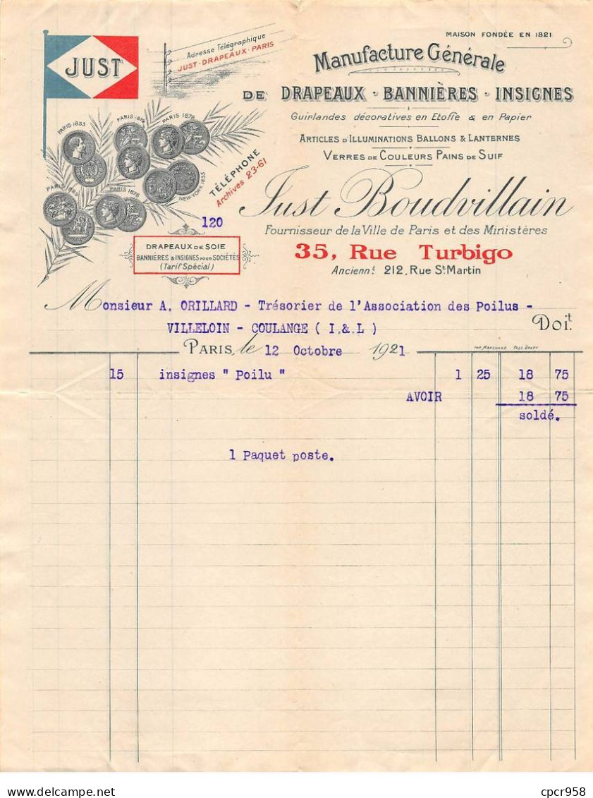 Facture.AM19539.Paris.1921.Just Boudvillain.Drapeaux.Bannière.Insigne.guirlande.Ballon.Lanterne.Illustré - 1900 – 1949