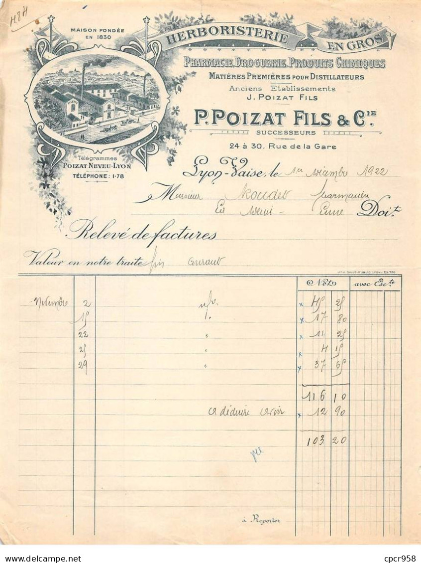 Facture.AM19535.Lyon.1922.J Poizat Fils.Herboristerie.Pharmacie.Droguerie.Produits Chimiques.Illustré - 1900 – 1949