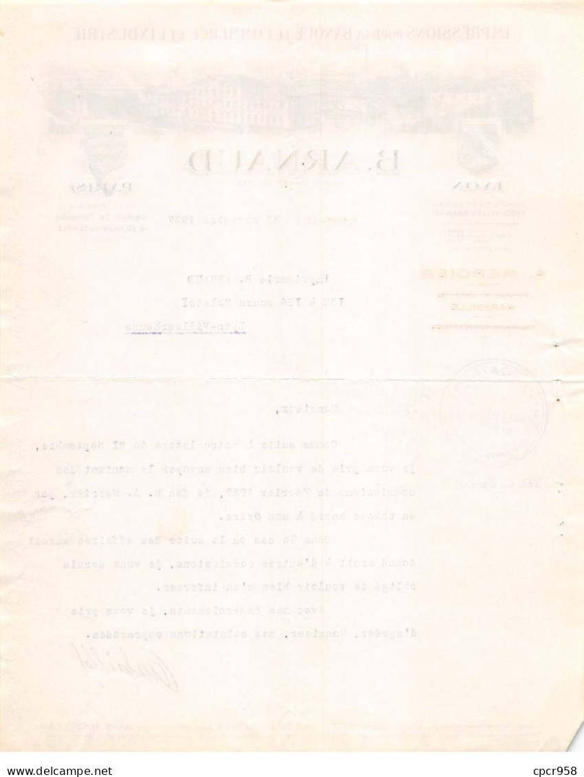 Facture.AM19522.Lyon Villeurbanne.1937.B Arnaud.Imprimerie.Impressions Pour Banque Commerce Industrie.Illustré - 1900 – 1949