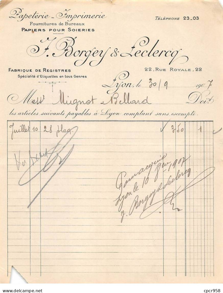 Facture.AM19524.Lyon.1907.Borgey & Leclercq.Imprimerie.Papeterie.Papier Pour Soieries.Registre.Etiquette - 1900 – 1949