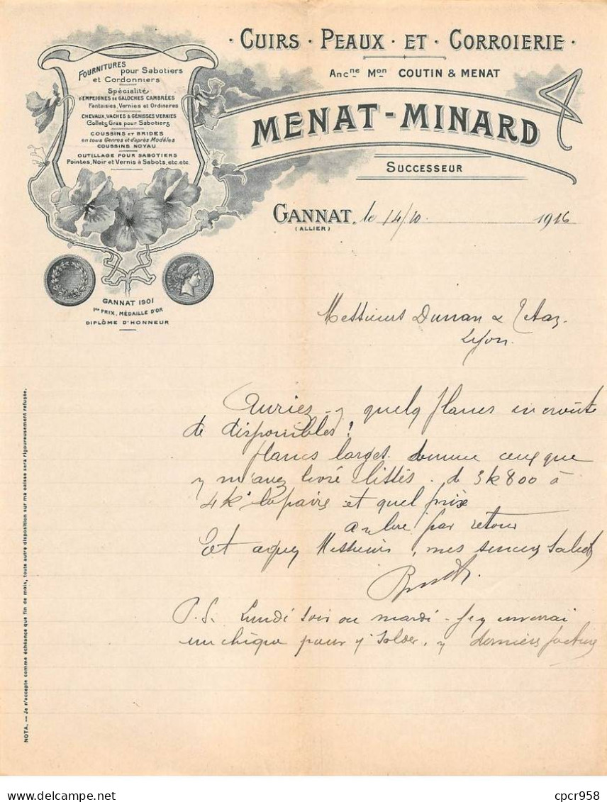 Facture.AM19554.Gannat.1916.Menat-Minard.Cuir.peaux.Corroierie - 1900 – 1949