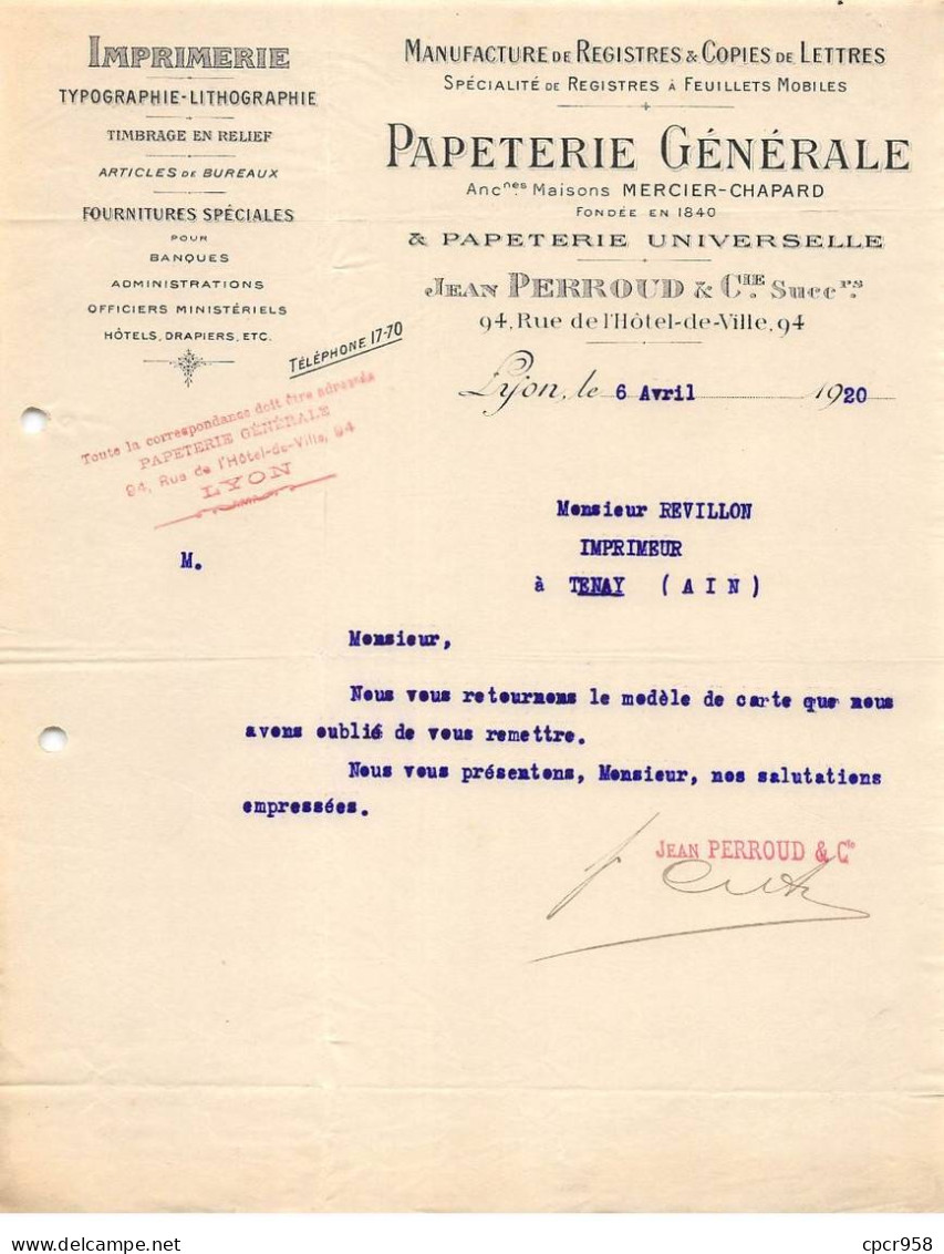 Facture.AM19520.Lyon.1920.Jean Perroud.Mercier Chapard.Papeterie.Imprimerie.Lithographie.Typographie.Registre.Lettre - 1900 – 1949