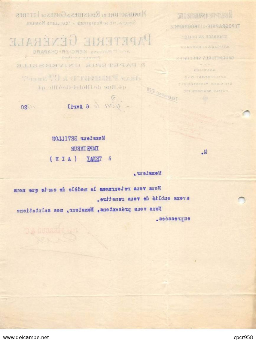 Facture.AM19520.Lyon.1920.Jean Perroud.Mercier Chapard.Papeterie.Imprimerie.Lithographie.Typographie.Registre.Lettre - 1900 – 1949