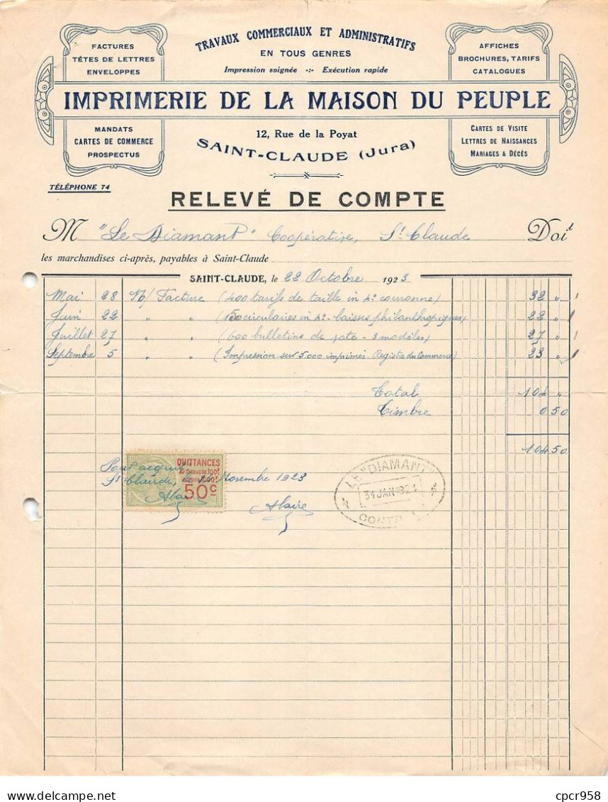 Facture.AM19518.Saint Claude.1924.Imprimerie De La Maison Du Peuple.Affiche.Brochure.Catalogue.Tête De Lettre.envoloppe - 1900 – 1949
