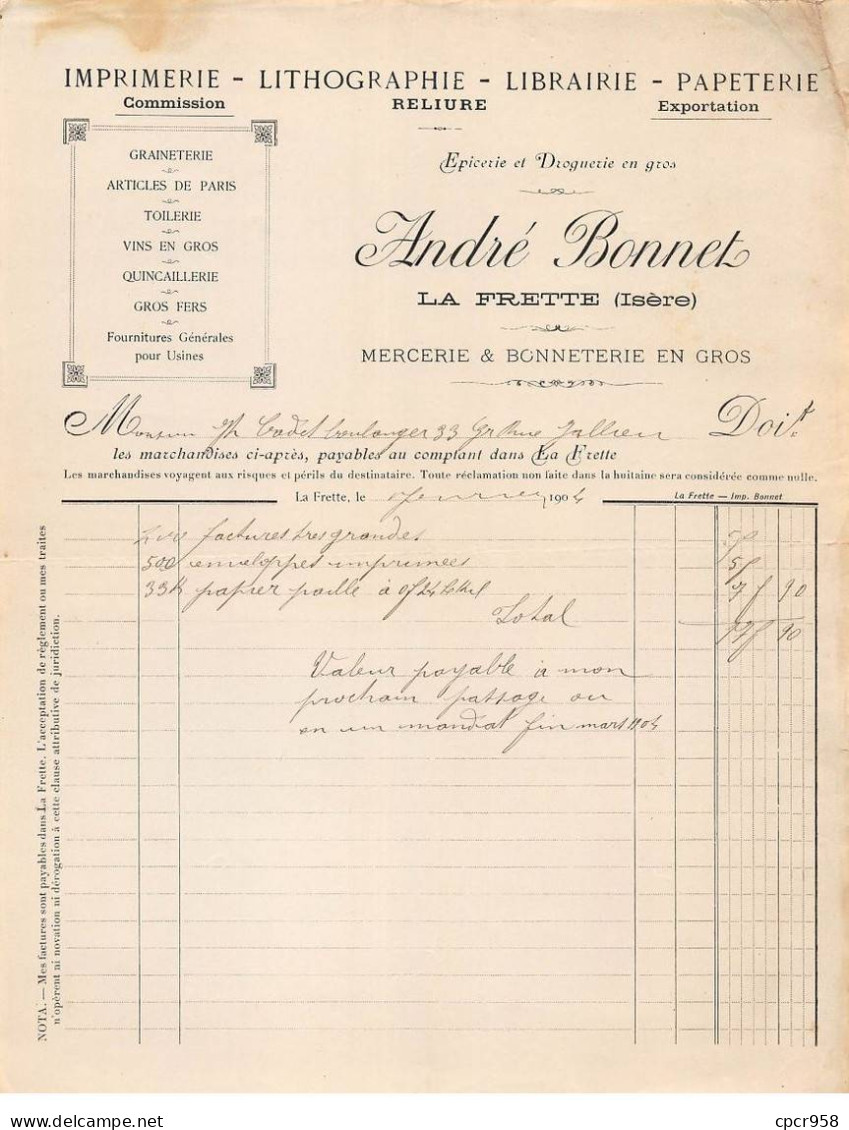 Facture.AM19515.La Frette.1904.André Bonnet.Mercerie.Bonneterie.Imprimerie.lithographie.Librairie.Papeterie - 1900 – 1949