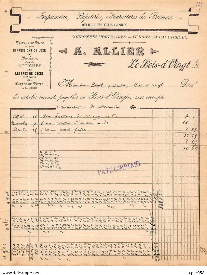 Facture.AM19507.Le Bois D'Oingt.1900.A Allier.Imprimerie.papeterie.fournitures Bureaux.Affiche.Brochure.Lettre.Carte - 1900 – 1949