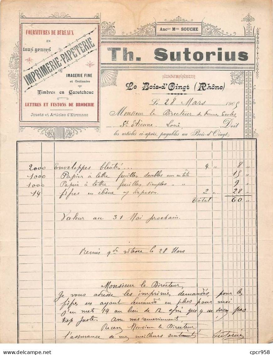 Facture.AM19508.Le Bois D'Oingt.1909.Th Sutorius.Souche.Imprimerie.papeterie.fournitures Bureaux.Timbre.Lettre.Imagerie - 1900 – 1949