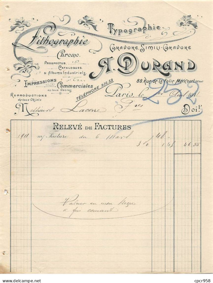 Facture.AM19506.Paris.1911.A Durand.Imprimerie.Lithographie.Typographie.gravure.Chromo.Impression.Catalogue.prospectus - 1900 – 1949