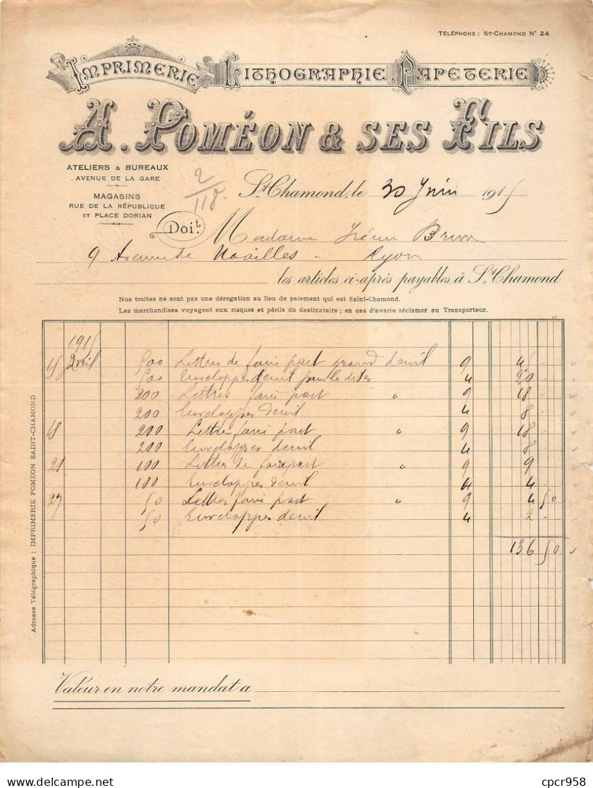 Facture.AM19502.St Chamond.1911.Poméon & Fils.Imprimerie.Papeterie.Lithographie - 1900 – 1949