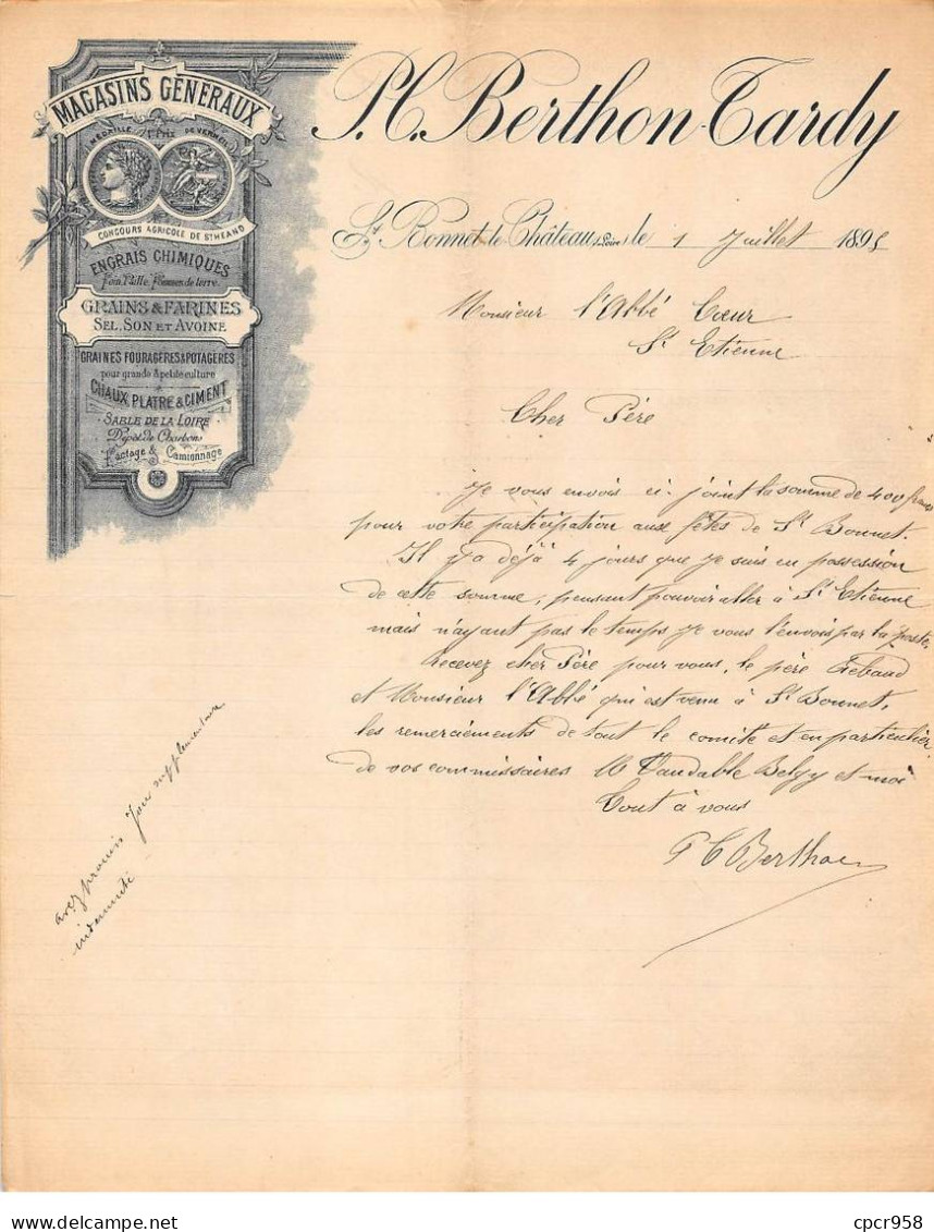 Facture.AM19468.Saint Etienne.1893.Berthon Tardy.Magasins Généraux.Engrais Chimiques.grains Et Farine.Illustré - 1800 – 1899