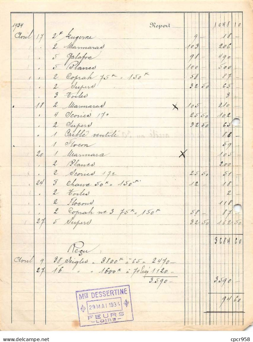 Facture.AM19469.Fleurs.1934.Dessertine.Vins.Vinaigre.Mais.Riz.Farine.Grain - 1900 – 1949