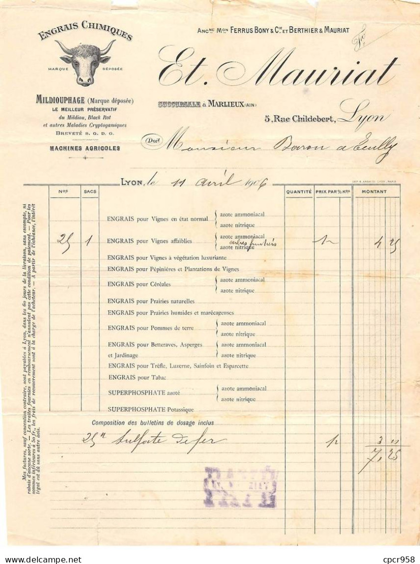 Facture.AM19467.Lyon.1906.Mauriat.Engrais Chimique.Mildiouphage.Machine Agricole.Illustré - 1900 – 1949