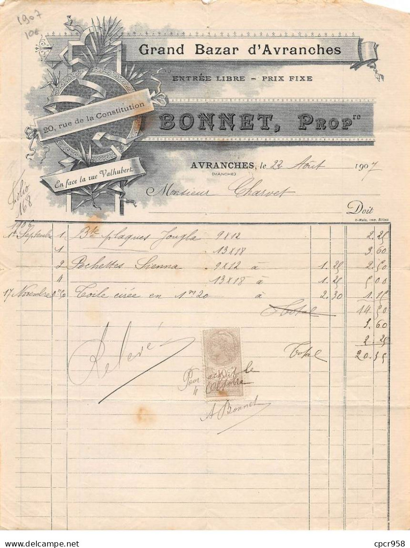 Facture.AM20185.Avranches.1907.Bonnet.Grand Bazar D'Avranches - 1900 – 1949