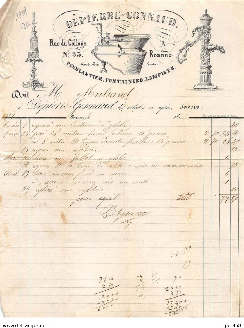 Facture.AM20187.Roanne.1851.Dépierre Gonnaud.Ferblantier.Fontainier.Lampiste - 1800 – 1899