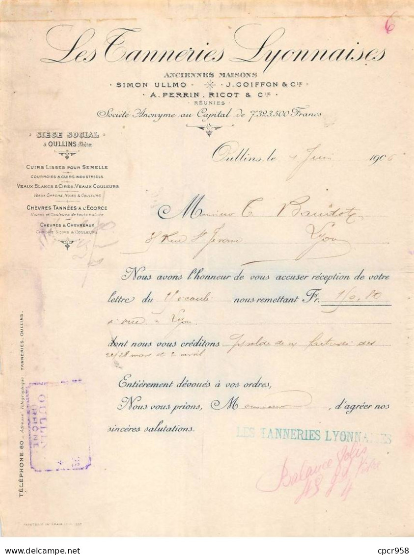 Facture.AM19561.Oullins.1921.Les Tanneries Lyonnaises.Simon Ullmo.Goiffon.Perrin.Ricot.Cuirs.Courroies - 1900 – 1949
